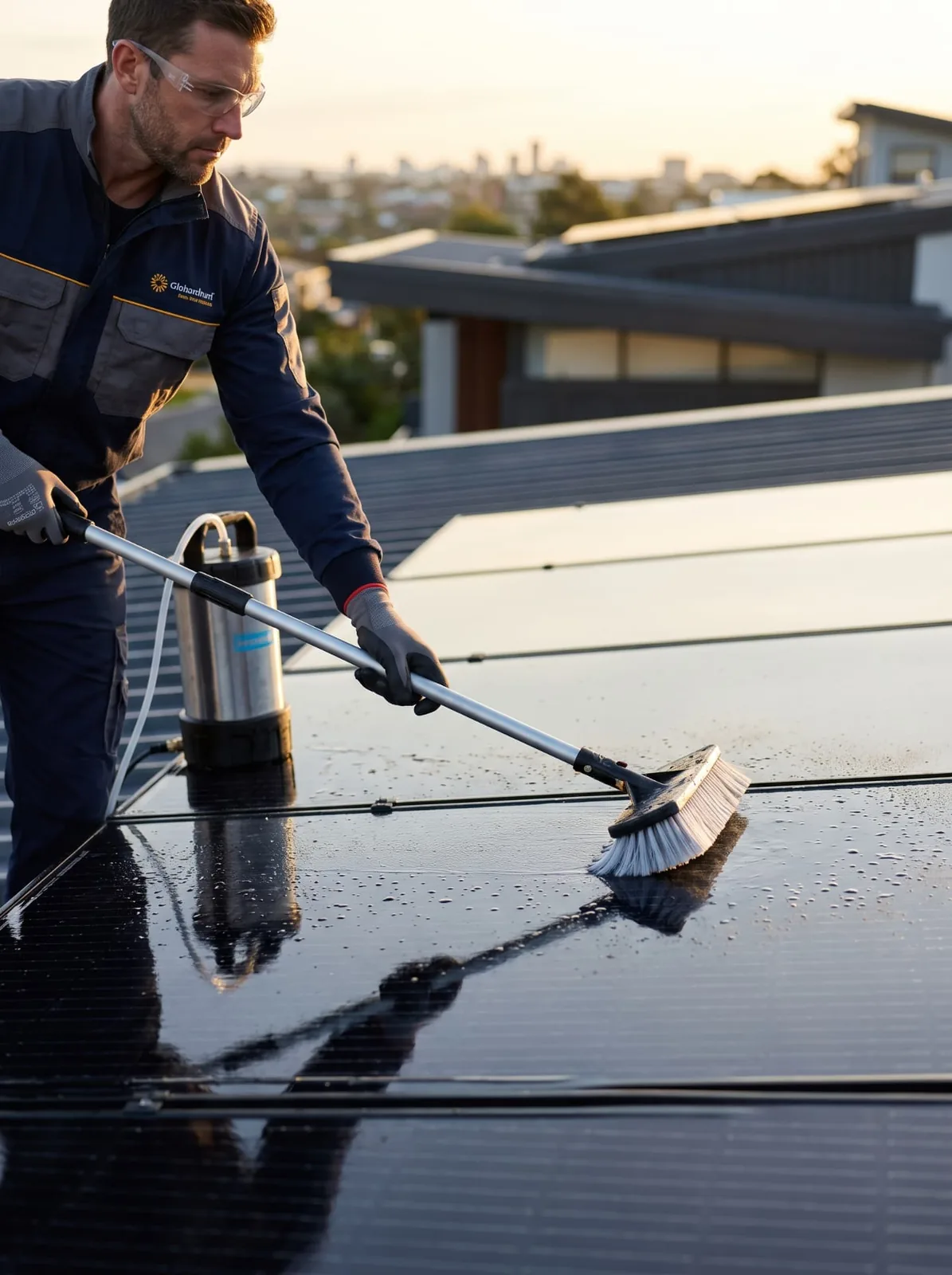 Technician cleaning rooftop solar panels