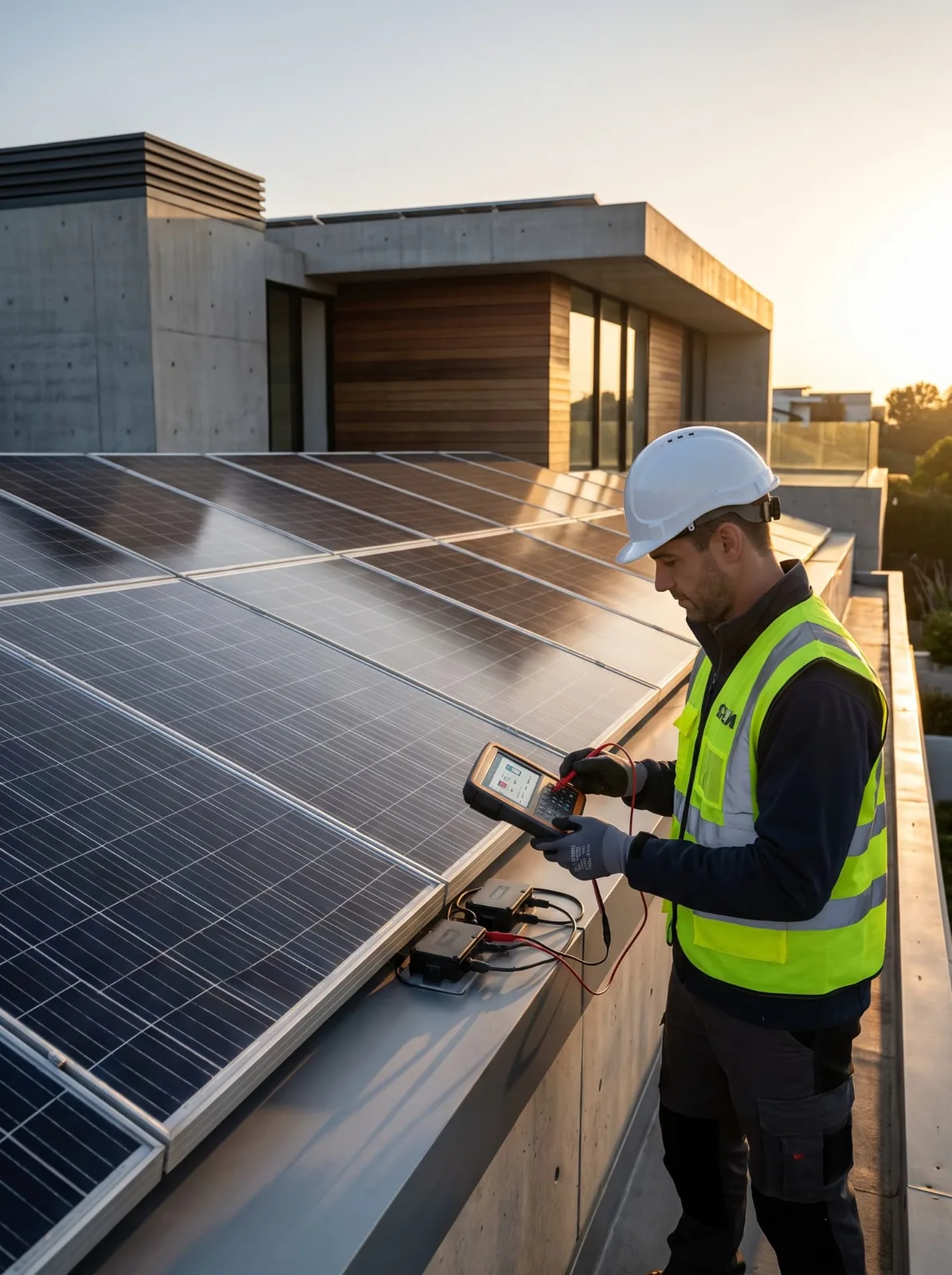 Solar engineer performing periodical service and inspection